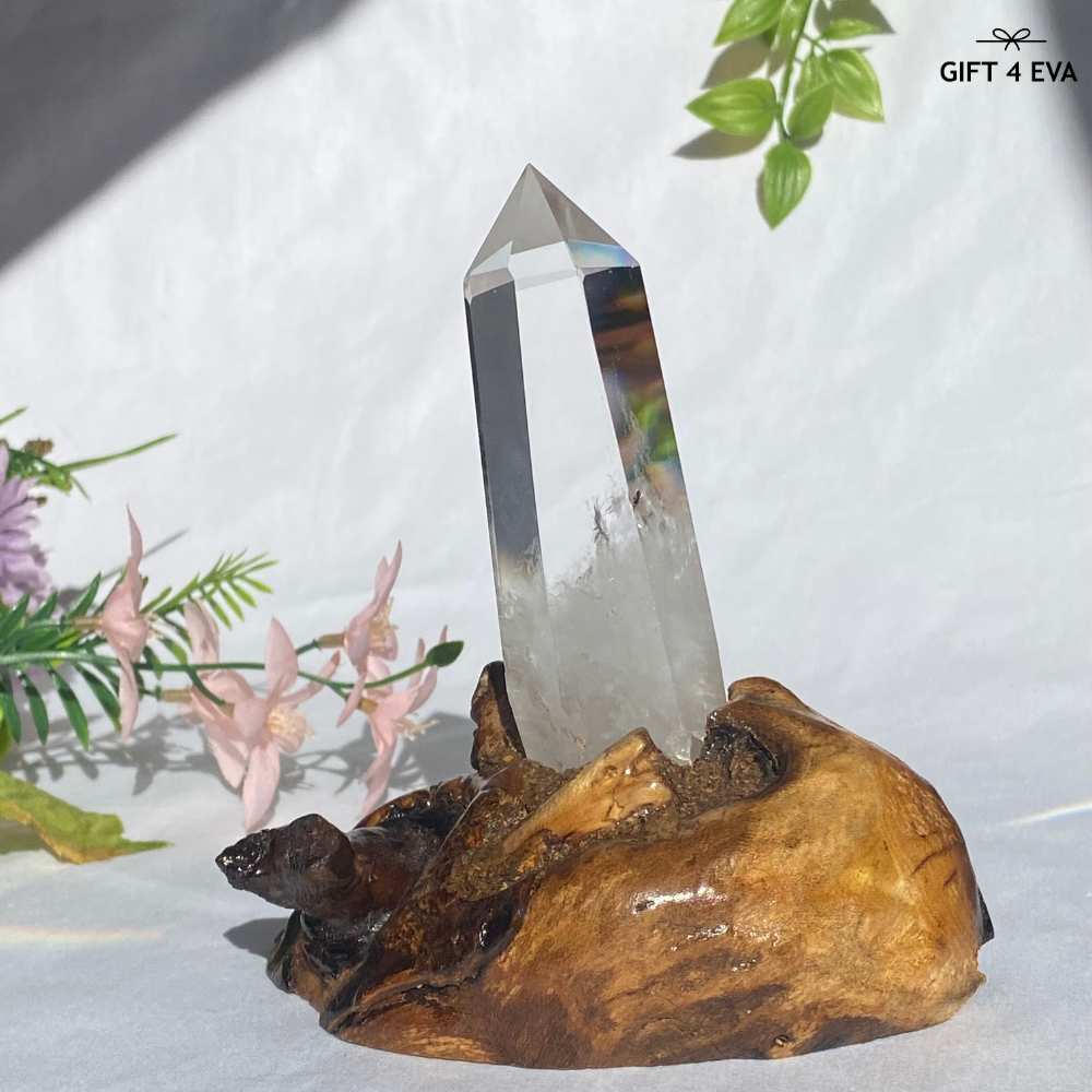 Clear Quartz Tower on Wooden Stand