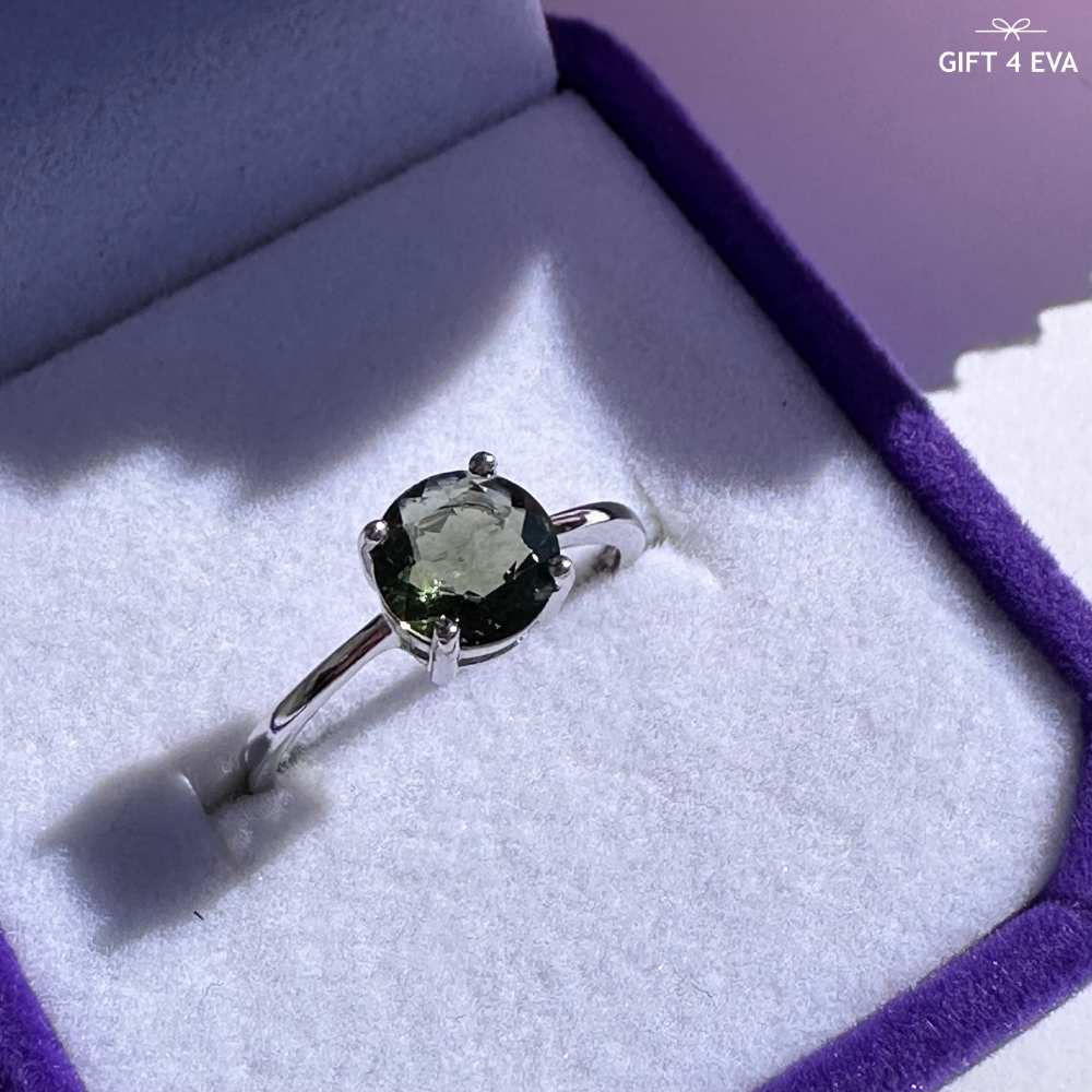 Olive Moldavite 925 Silver Adjustable Ring