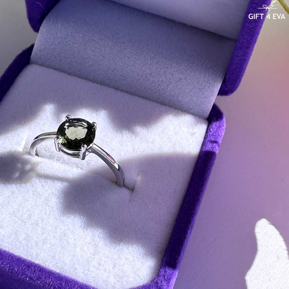 Olive Moldavite 925 Silver Adjustable Ring