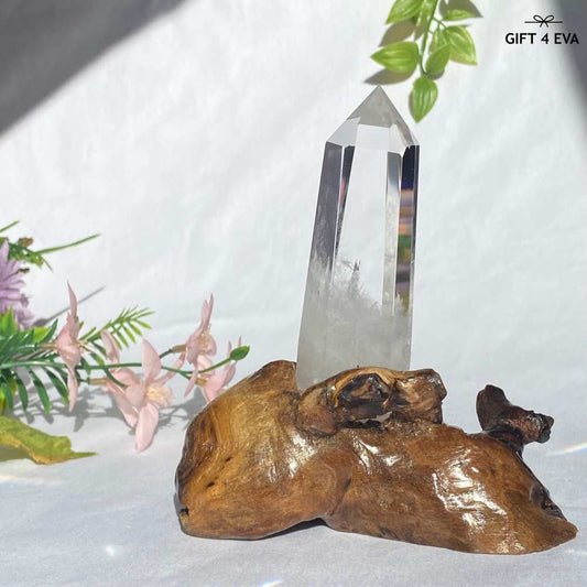 Clear Quartz Tower on Wooden Stand