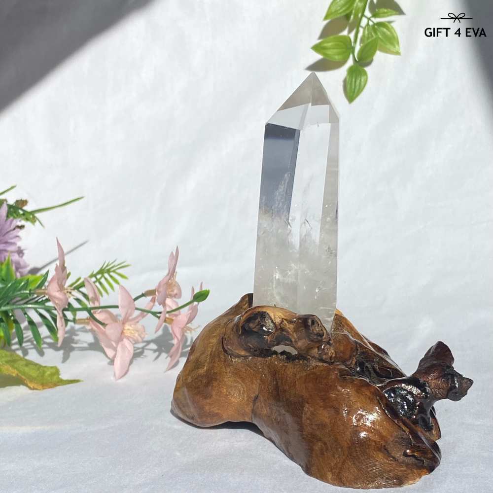 Clear Quartz Tower on Wooden Stand