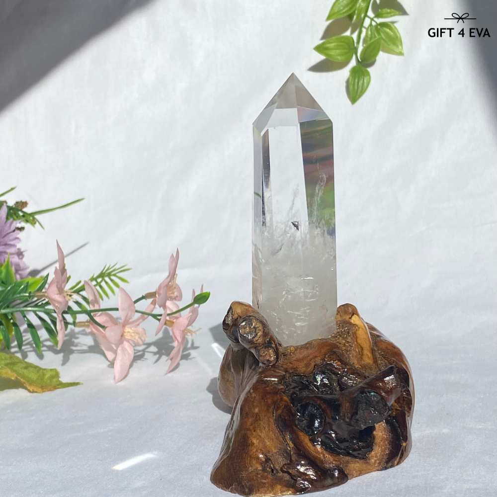 Clear Quartz Tower on Wooden Stand