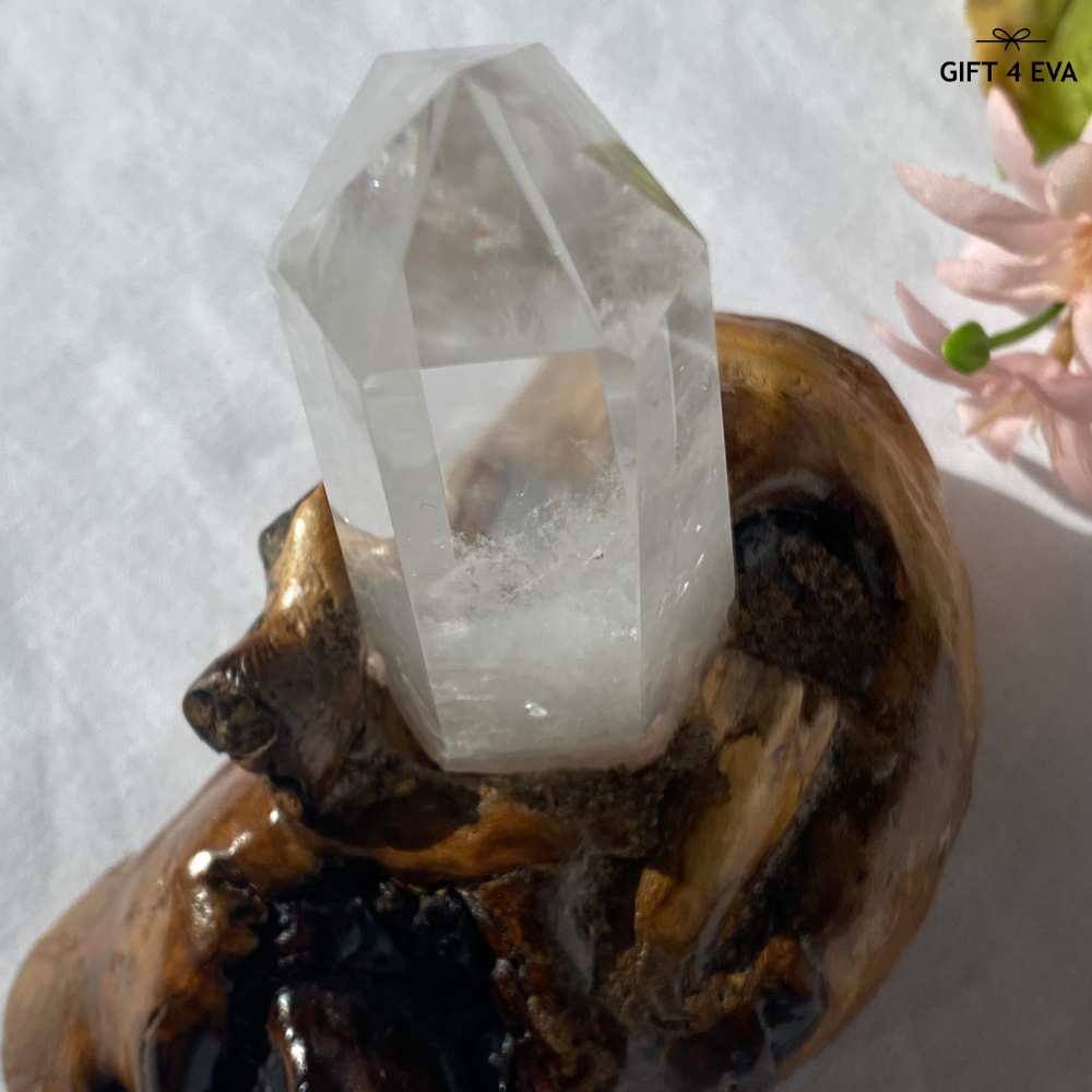 Clear Quartz Tower on Wooden Stand