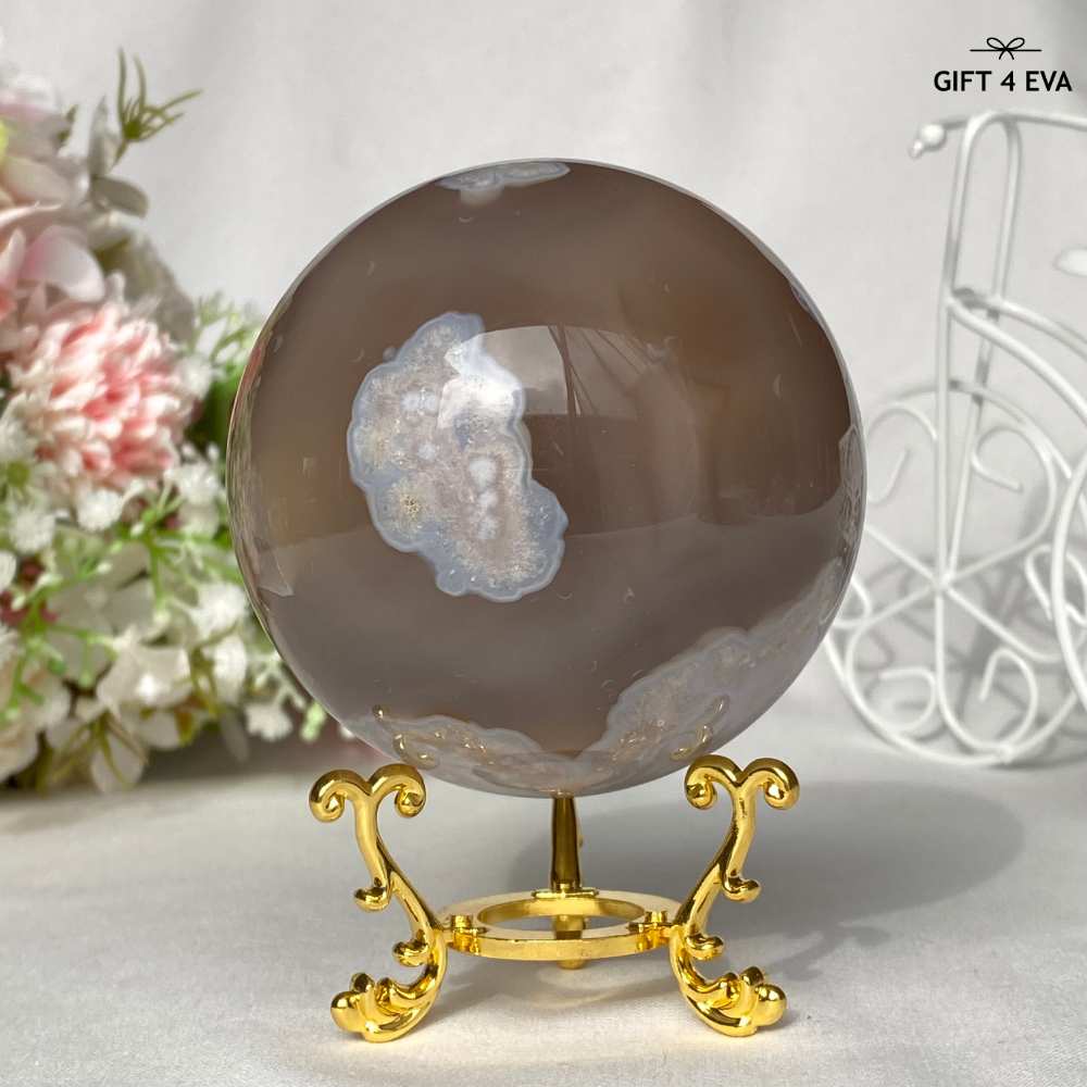 Flower Agate Sphere with Dendritic Inclusions and UV Reaction 74MM