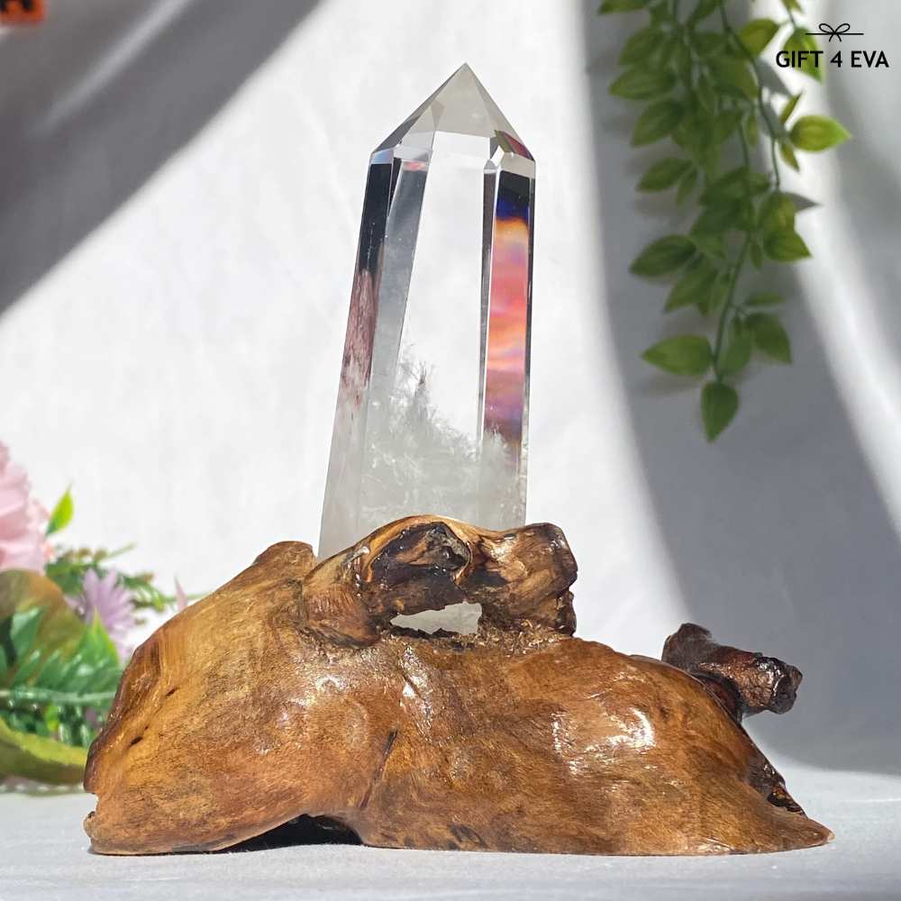 Clear Quartz Tower on Wooden Stand