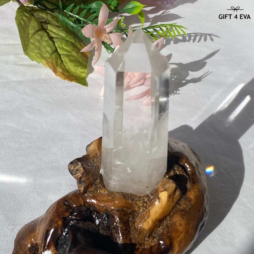 Clear Quartz Tower on Wooden Stand