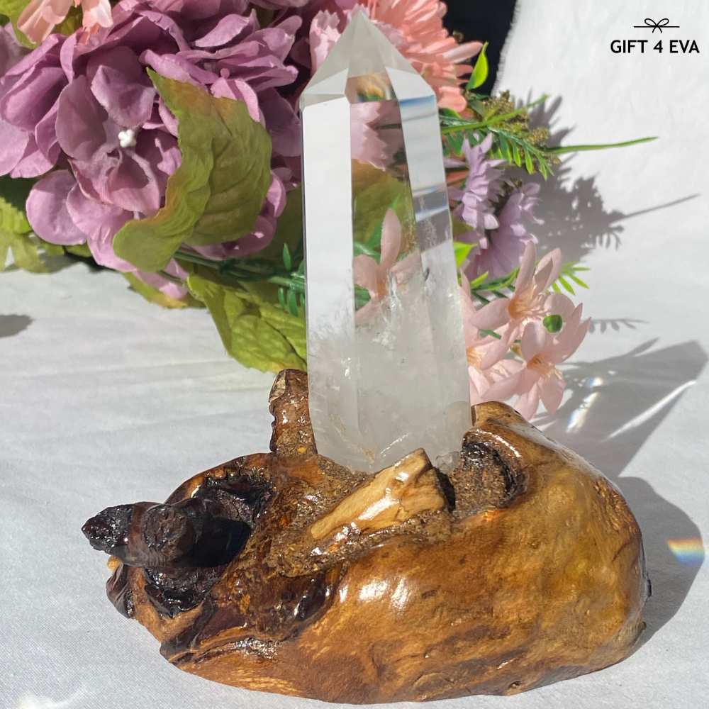 Clear Quartz Tower on Wooden Stand