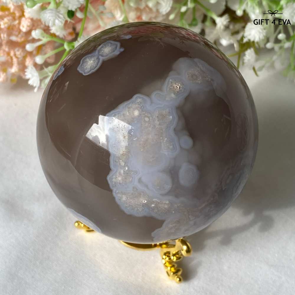 Flower Agate Sphere with Dendritic Inclusions and UV Reaction 74MM