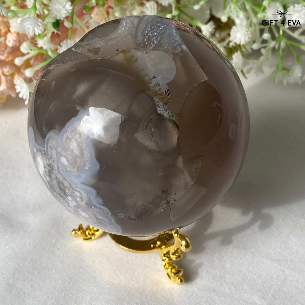 Flower Agate Sphere with Dendritic Inclusions and UV Reaction 74MM