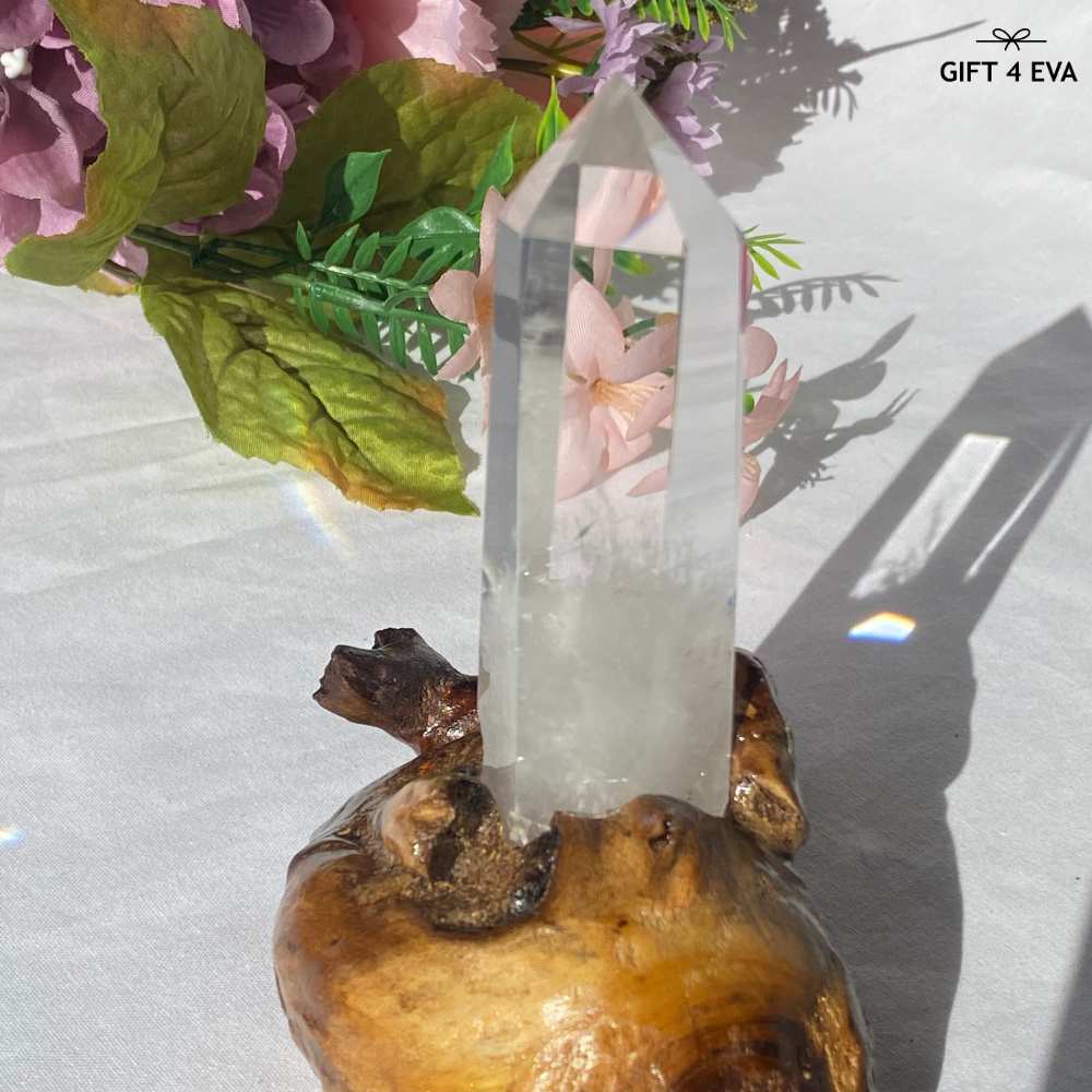 Clear Quartz Tower on Wooden Stand