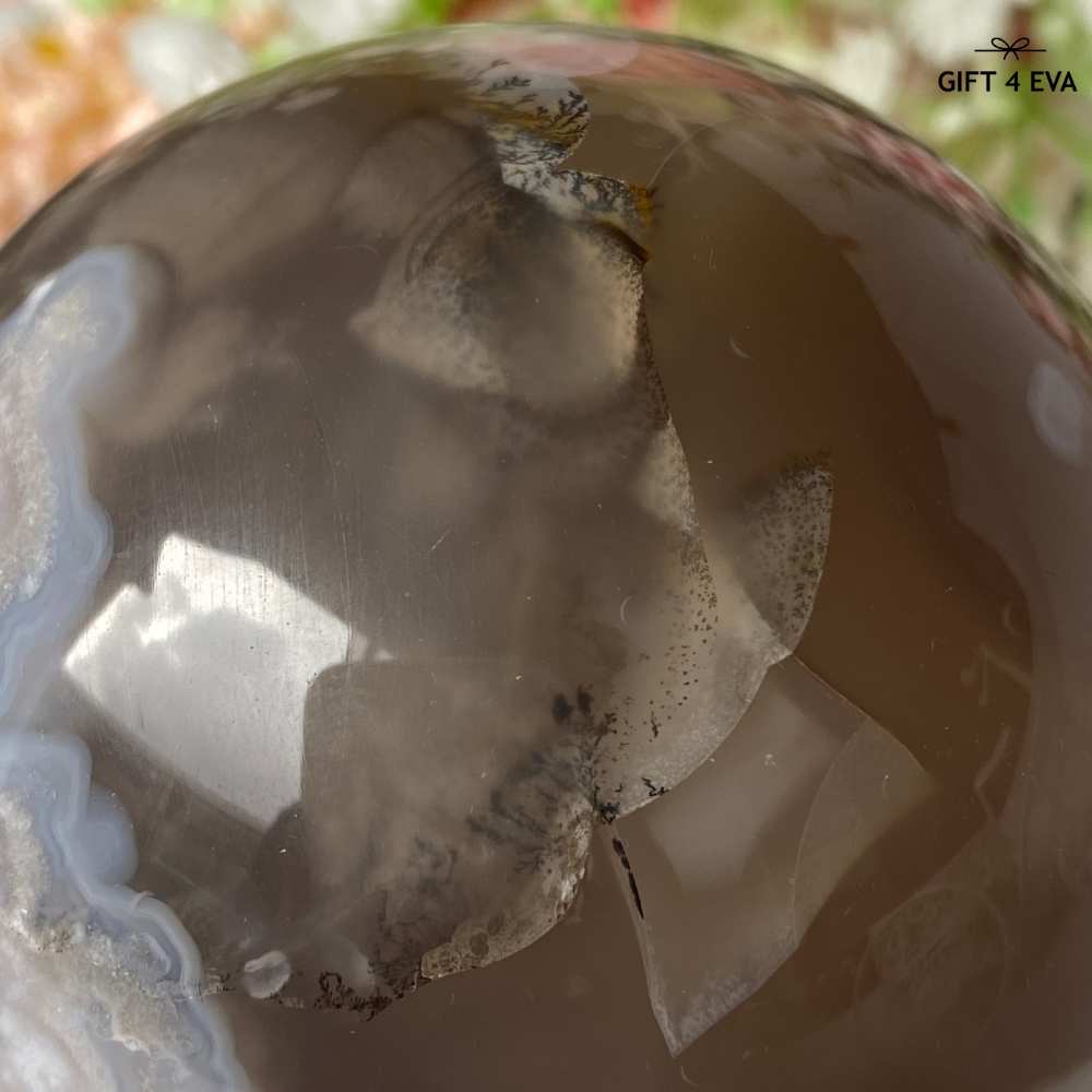 Flower Agate Sphere with Dendritic Inclusions and UV Reaction 74MM