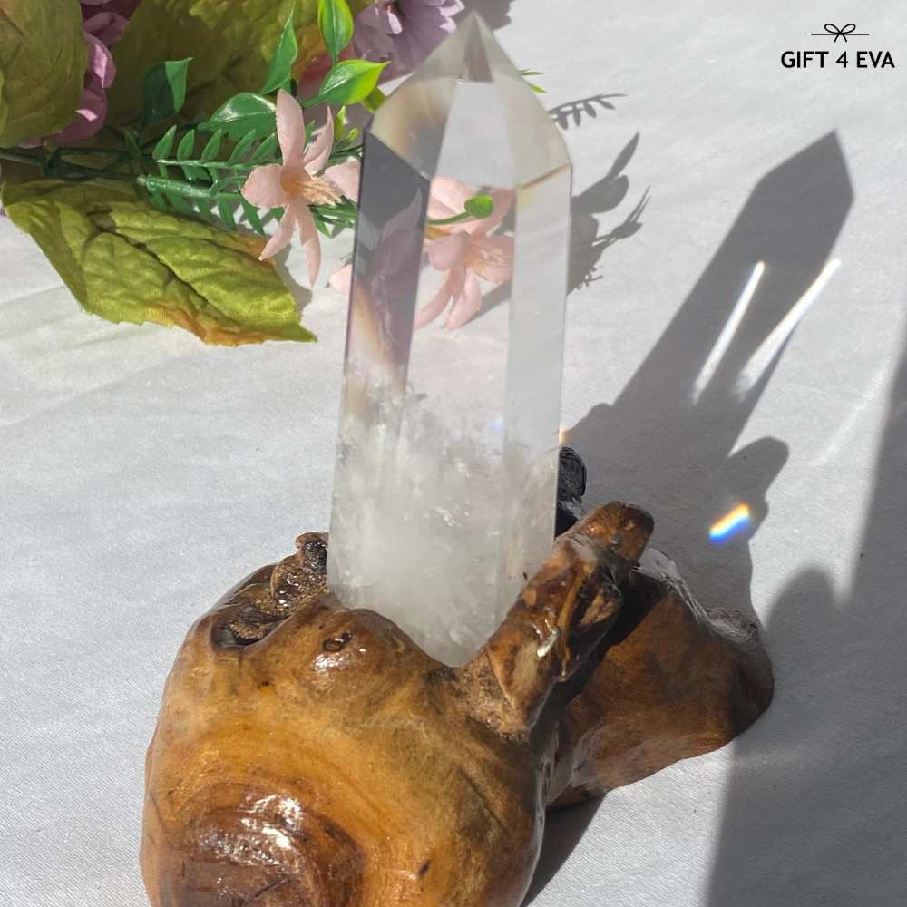 Clear Quartz Tower on Wooden Stand