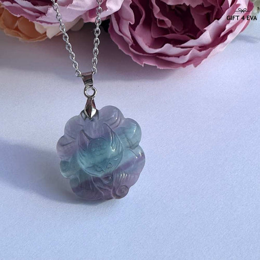 Fluorite 9 Tails Fox Pendant Necklace A