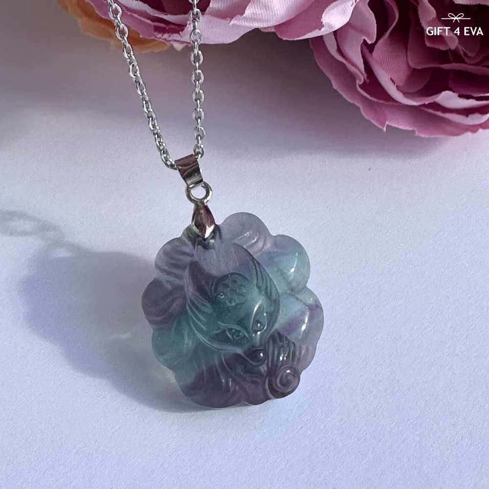 Fluorite 9 Tails Fox Pendant Necklace A