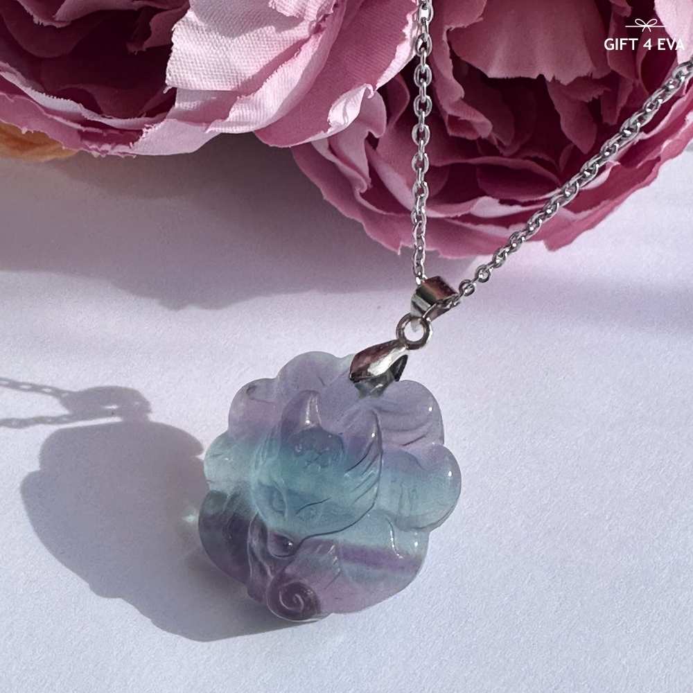 Fluorite 9 Tails Fox Pendant Necklace A