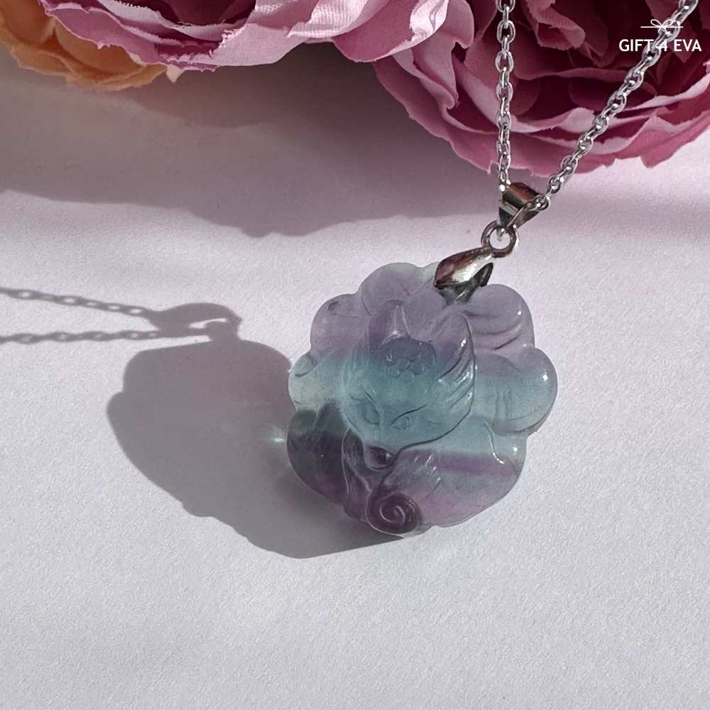 Fluorite 9 Tails Fox Pendant Necklace A