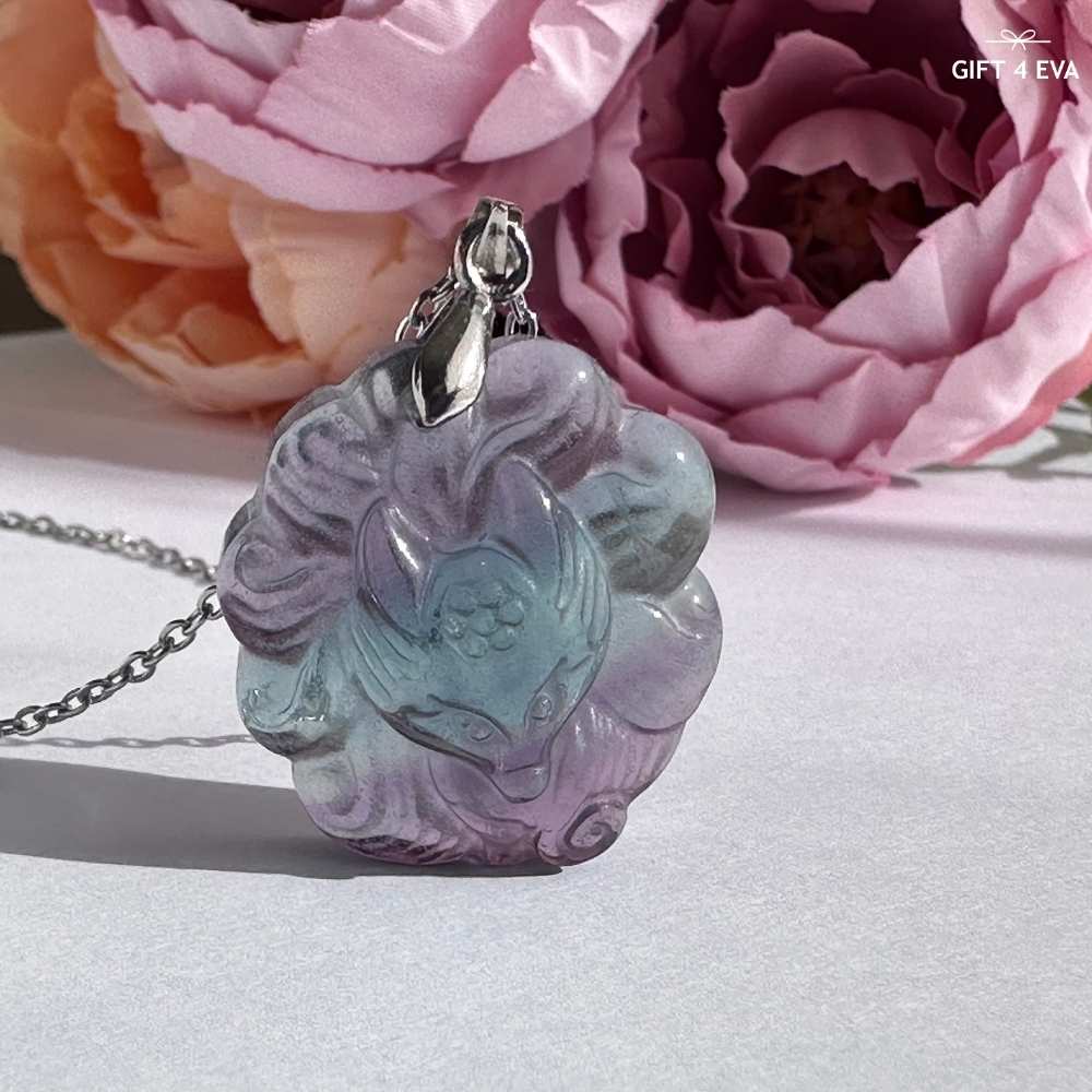 Fluorite 9 Tails Fox Pendant Necklace A