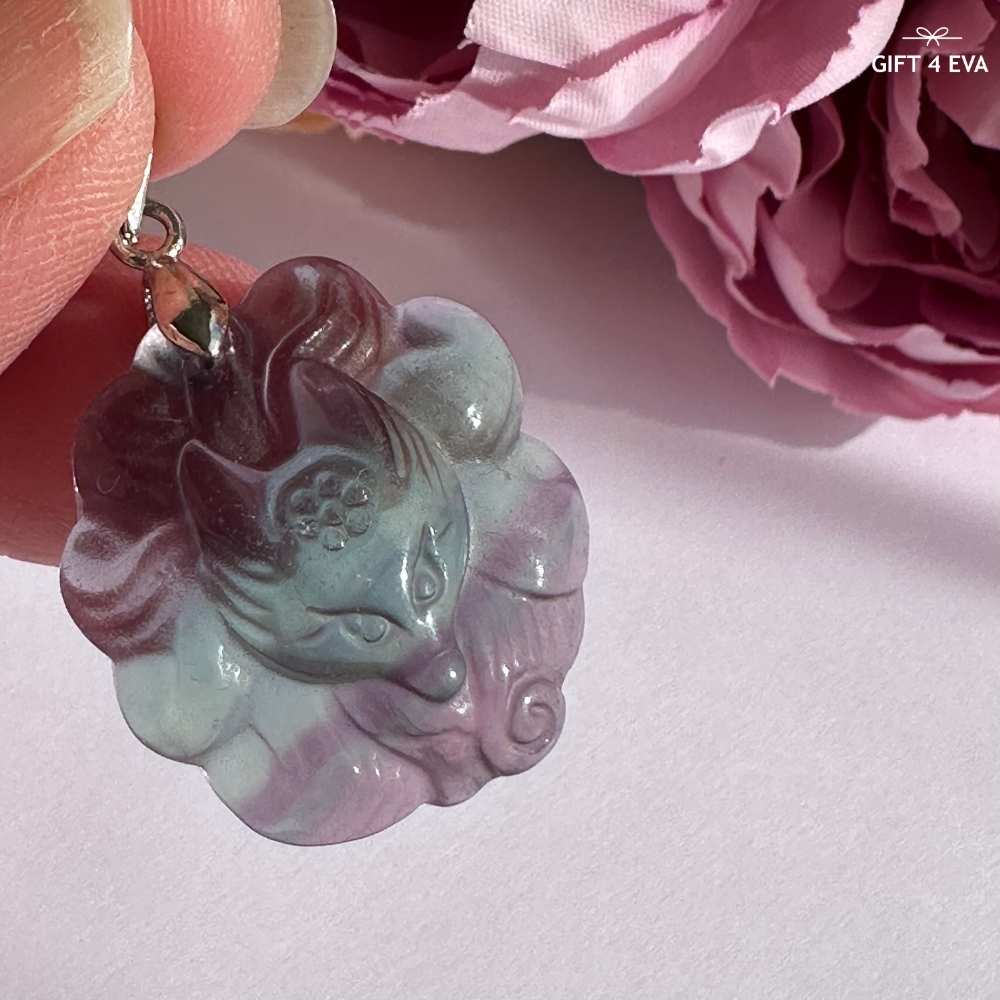 Fluorite 9 Tails Fox Pendant Necklace A