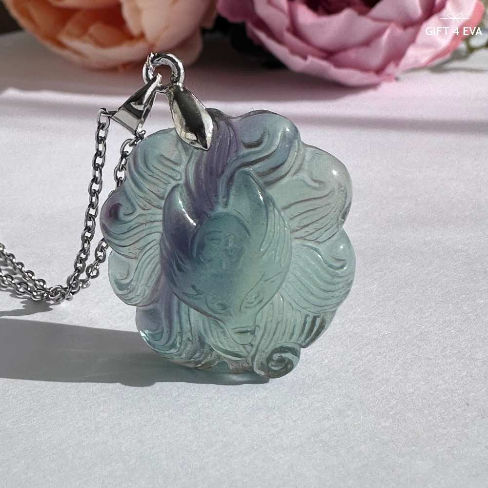 Fluorite 9 Tails Fox Pendant Necklace C