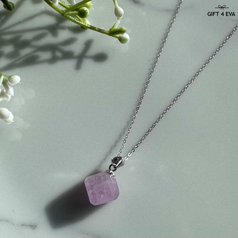 Kunzite Cube 925 Silver Pendant Necklace