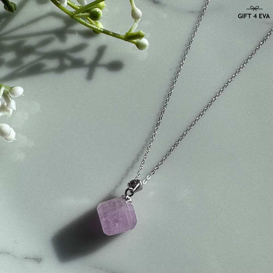 Kunzite Cube 925 Silver Pendant Necklace