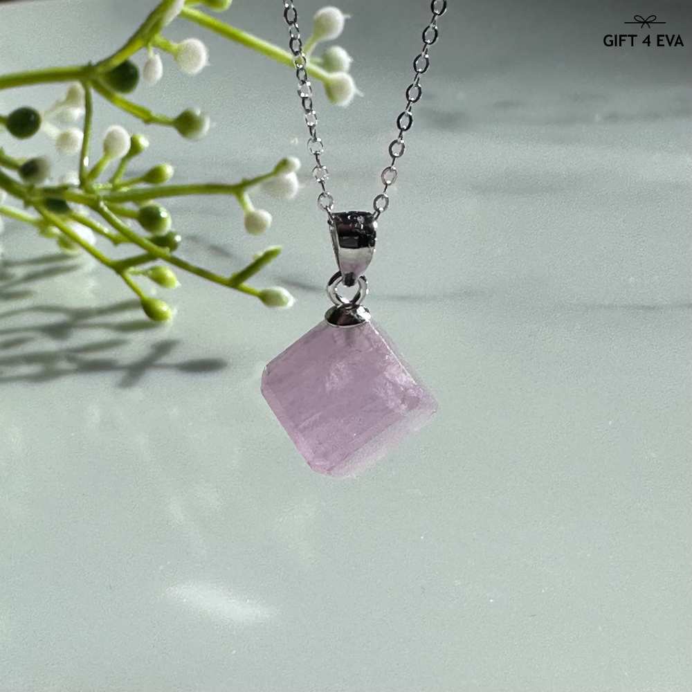 Kunzite Cube 925 Silver Pendant Necklace